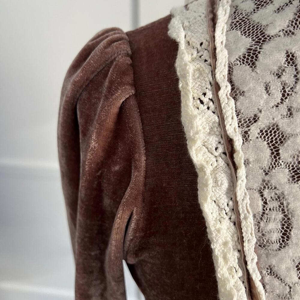 Vintage La Vie en Rose Victorian Velvet Blouse Brown Lace Collar High Neck Goth - Picture 5 of 8